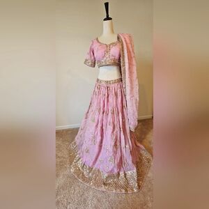 Baby Pink and Gold Embroidered Sequin Lehenga